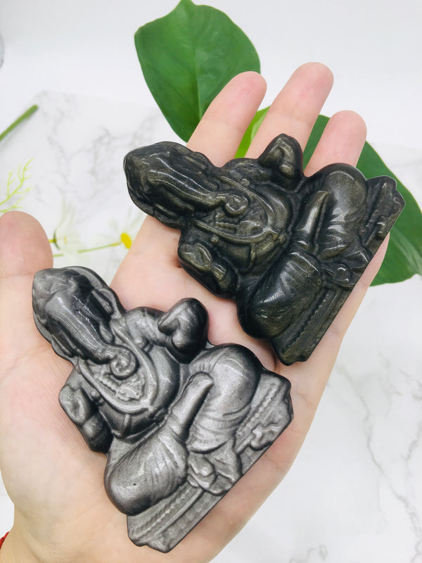 Nature Stone Golden Obsidian And Silver Obsidian Garnesh Carving